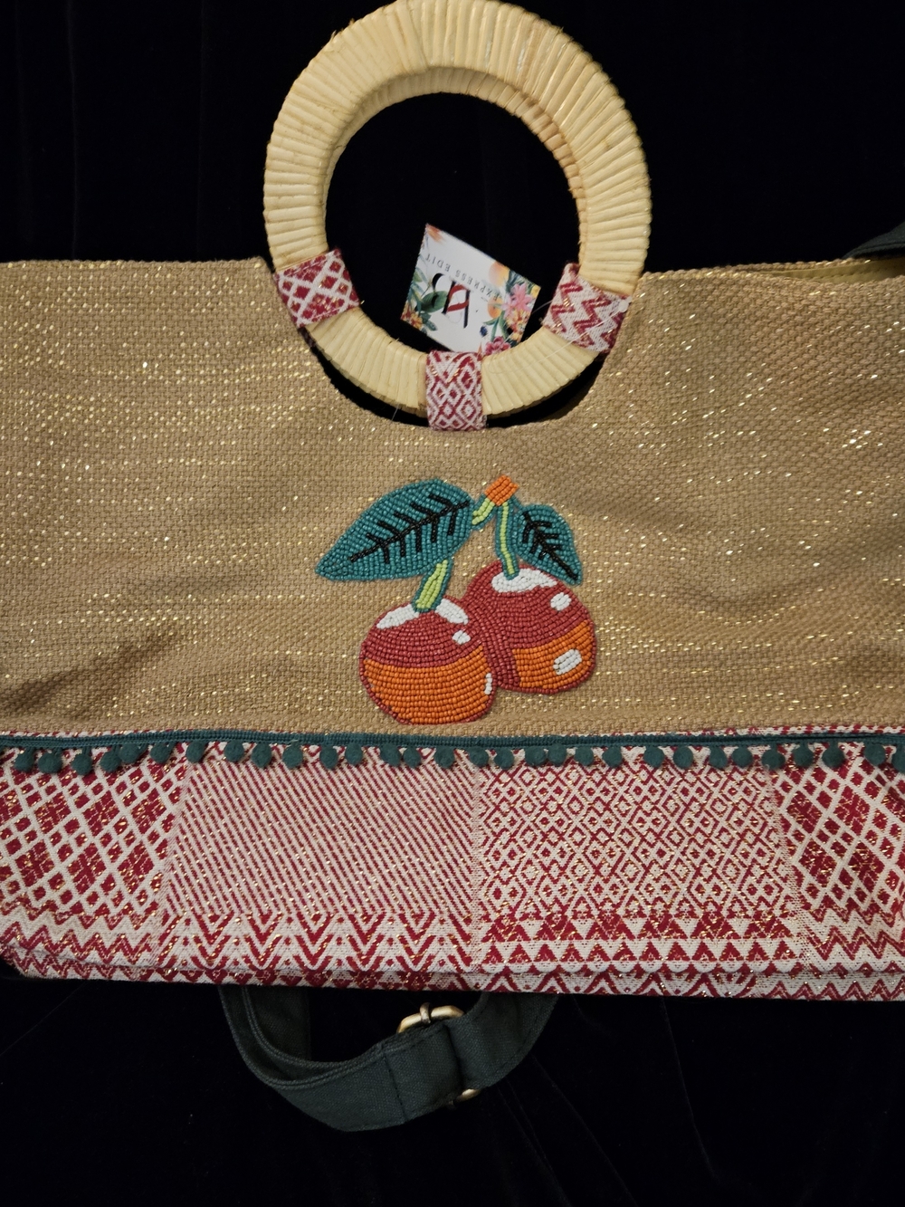 Handcrafted Straw Tote Bag with Cherry Bead Embroidery - Natural/Red